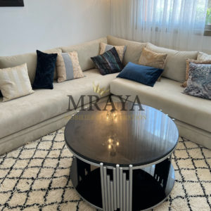 Table basse ronde en marbre & verre noir
