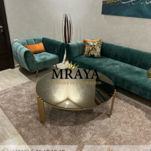 Table basse ronde métal doré & plateau miroir bronze