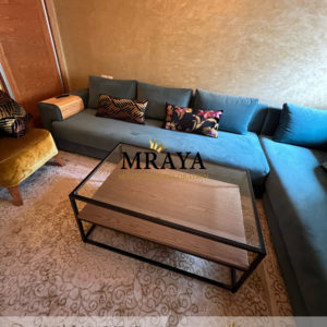Table basse simple verre et plaquage noyer