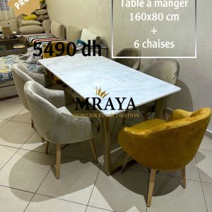 Table à manger en métal et marbre - 6 Chaises